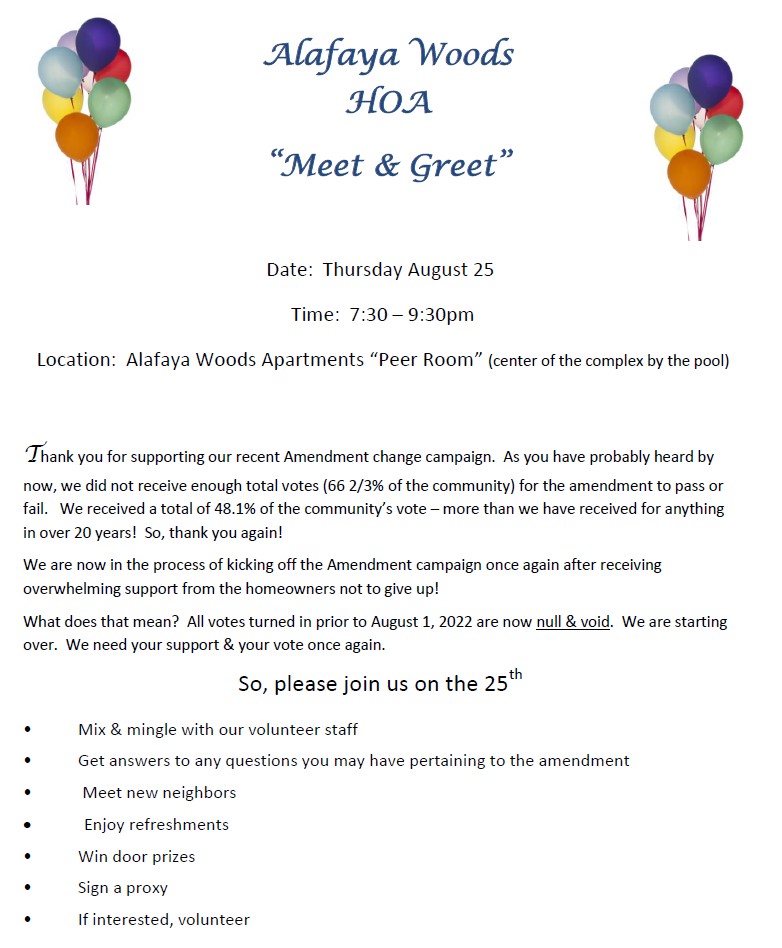 Alafaya Woods Meet & Greet Event - August 25 - 7:30 to 9:30 PM at the Peer Room